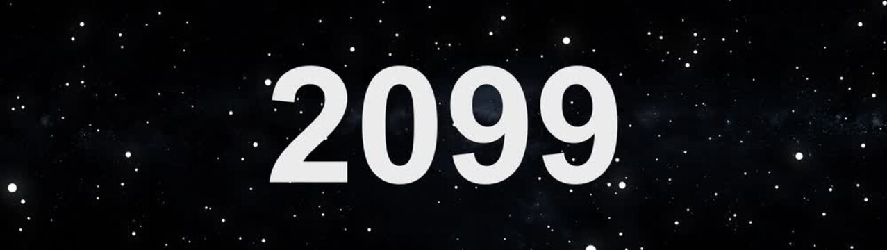 Happy new year 2099 countdown animation with glowing typography, cosmic space particles, Modern minimal black background, Futuristic celebration motion graphics.