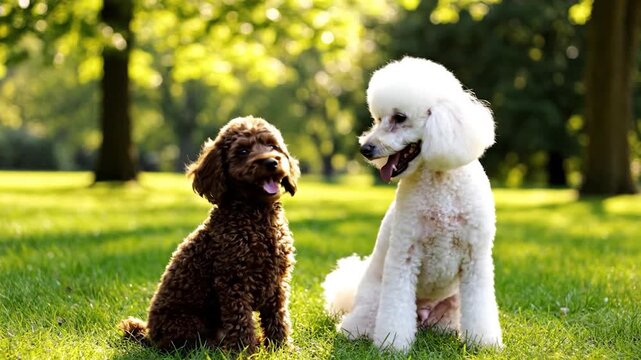 Two cute poodles sit on green grass in a sunny park