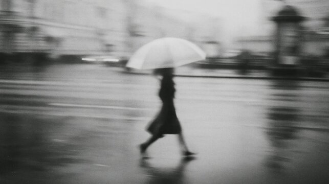 A solitary figure with an umbrella walking through the rainy city, captured in a moody black and white atmosphere