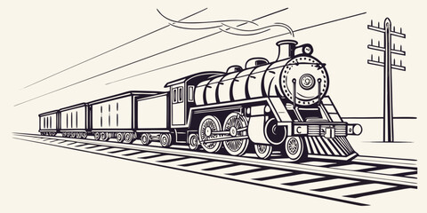 Vintage steam locomotive train traveling on rail tracks with locomotive transportation railroad illustration monochrome historic transport locomotion nostalgia traveling movement industry © Suriya