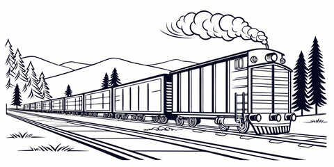 Freight train locomotive traveling through forest landscape with locomotive transportation landscape railroad illustration monochrome locomotion traveling movement industry countryside © Suriya