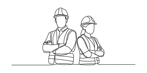 Continuous one line drawing of construction workers in safety helmets and vests © TuniRani