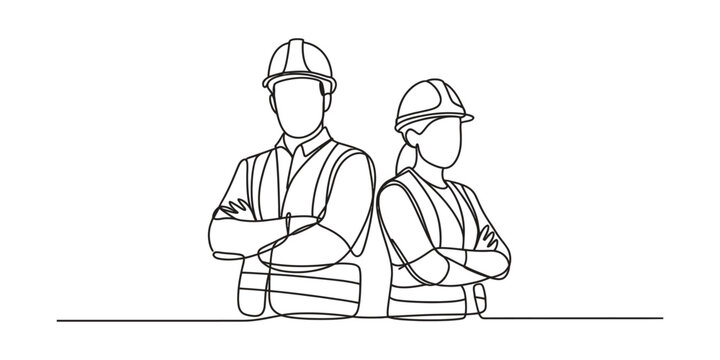 Continuous one line drawing of construction workers in safety helmets and vests
