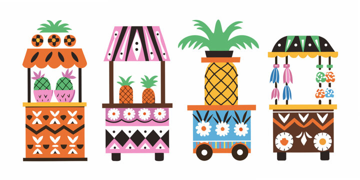 Tropical Vendor Carts Colorful Vector Illustration On White Background