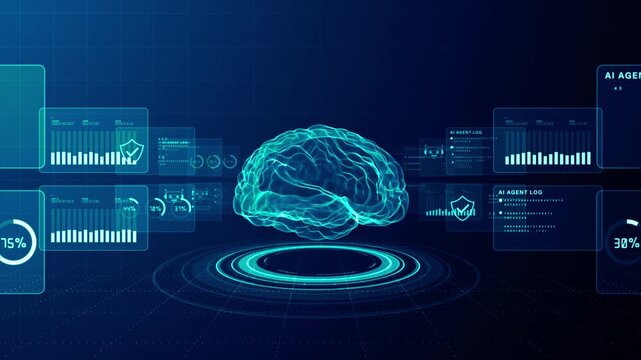 Futuristic AI agent intelligence concept with digital brain visualization, analytics dashboards, cybersecurity monitoring, and autonomous data processing technology