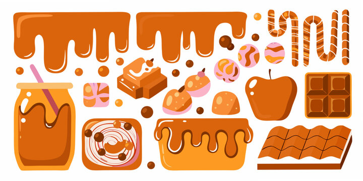 Caramel candies and desserts colorful vector illustration