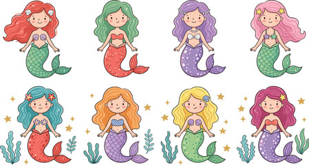 Obraz premium Cute cartoon mermaids set, vector illustration of beautiful magical sea girls with colorful hair