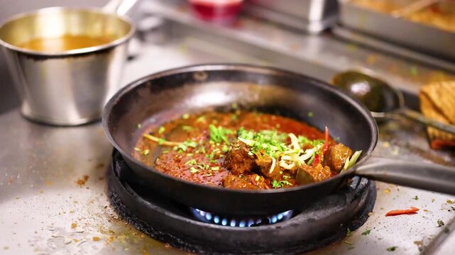 Chef Garnishing Meat Curry with Fresh Cilantro in Commercial Kitchen