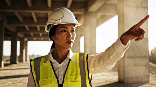 Asian female construction engineer in white hard hat and yellow high-visibility safety vest standing inside a concrete building site under structural beams in bright daylight.