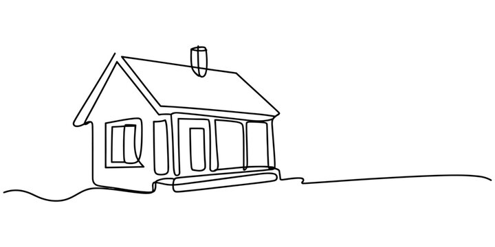 Simple house drawing made with a single continuous black line showing a small cottage with a chimney and roof on a flat ground surface for real estate art Vector, illustration