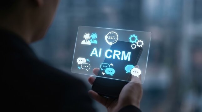 AI CRM Systems, Customer Support Automation & Data Synchronization Concept: Neon Blue Floating Holographic Interface with 24/7 Service Icons Above Mobile Device