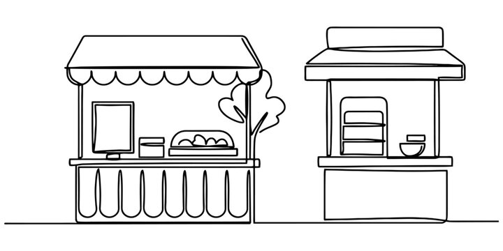 Continuous line drawing of two small street food market stalls with awnings and counters for selling snacks and drinks in a simple minimal black ink style Vector, illustration