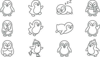 Cute penguin icons, cartoon penguin set, black and white vector illustrations, 12 penguin characters © Nusrath