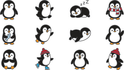 Naklejka premium Cute penguin stickers, cartoon penguin icons, black and white penguin graphics, 12 penguin characters