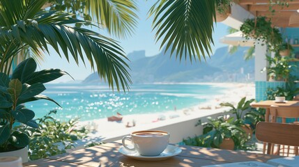 Fototapeta premium Cozy beachside cafe table with a cup of coffee and tropical ocean view
