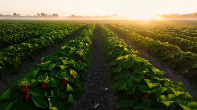 Sunrise strawberry field with neat rows bathed in morning light