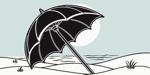 Minimalist beach scene featuring parasol on sandy shore at sunset seashore vacation shoreline relaxation tropical landscape silhouette illustration minimalist coastline paradise sunlight © rabby