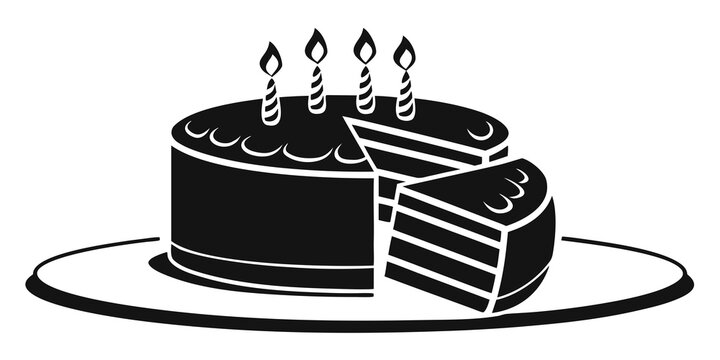 Black and white vector illustration of a birthday cake with a missing slice birthday celebration anniversary illustration isolated confectionery silhouette delicious homemade breakfast
