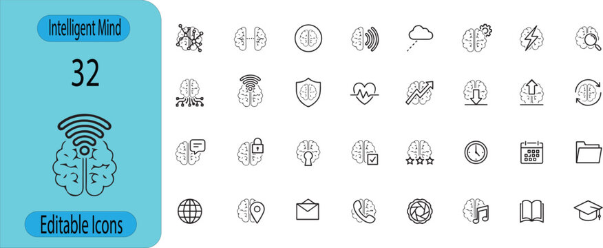 Smart Intelligent Mind Icons Set Featuring Brain Technology Education Communication Security Analytics and Productivity Outline Vector Collection