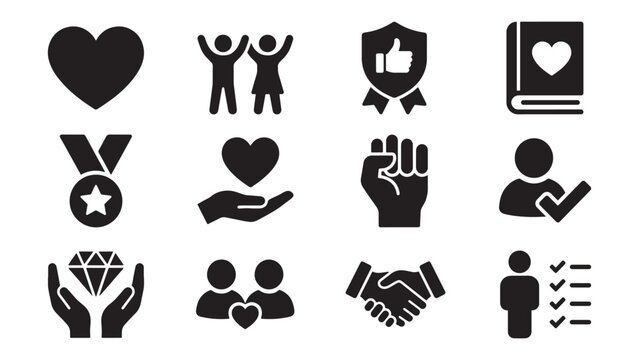 Values and Integrity Icon Set with Heart Medal Fist Shield Handshake Diamond Couple and Checklist Symbols for Vector Illustration