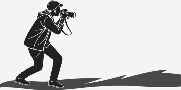 Full body side view illustration of photographer taking pictures outdoors with photographer photography shooting capturing lifestyle adventure creative snapshot illustration monochrome
