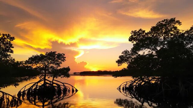 Golden sunset reflects over a calm tropical mangrove river