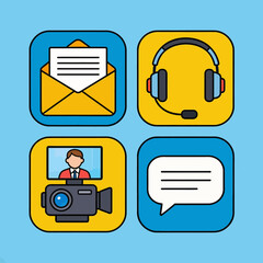 Modern Communication Icons Representing Email, Video Conference, and Chat. © muh