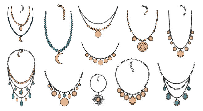 Array of bohemian style necklaces with various pendants including moons circles and drops in muted earth tones for jewelry design.