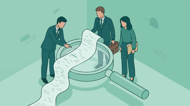 Business professionals analyzing a long document under a magnifying glass
