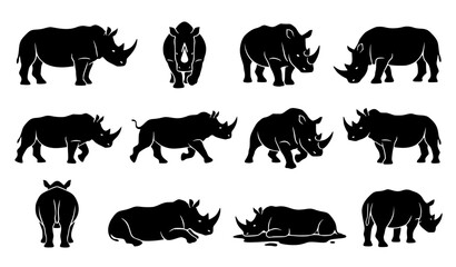 Rhino Silhouette Set 12 Wildlife Pose Vector Collection © MD