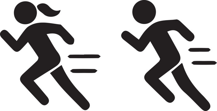 Running man and woman stick figure pictogram set showing male and female sprinting athletes isolated on white background