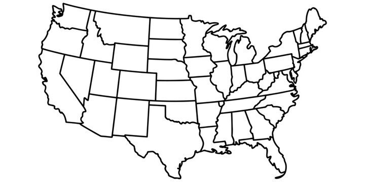 Simple black and white outline map of the united states of america showing all state borders for educational geography projects and graphic design work Vector, illustration