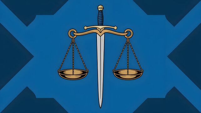 Scales of justice combined with a sword are positioned over a geometric blue pattern to represent legal integrity.