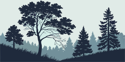 Pine forest landscape silhouette vector illustration with silhouette landscape coniferous woodland background illustration evergreen wilderness environment evergreens countryside botanical © Aaaa