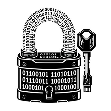 icon of a digital padlock with its shackle formed by binary code zeros and ones, paired with a modern tech key, symbolizing cybersecurity, data encryption, and digital asset protection.
