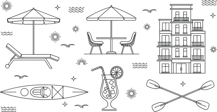Beach resort hotel summer holiday line art icon set with kayak lounge chair table cocktail wave vector illustrations