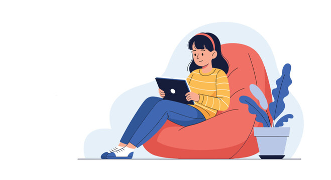 Young girl sitting comfortably in a red bean bag chair while using a digital tablet next to a potted plant in a room.