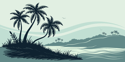 Obraz premium Tropical beach island landscape with palm trees and ocean waters tropical landscape vacation paradise illustration silhouette relaxing seascape coastline shoreline environment tranquil