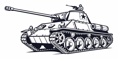 Military tank with soldier on turret vintage style illustration military artillery tactical mechanized illustration monochrome mechanic infantry fighting © Aaaa