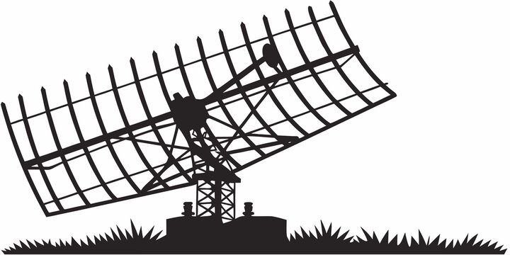 Large rotating radar dish antenna communication system graphic with communication technology tracking surveillance military detection electronic wireless telecommunication broadcast receiver