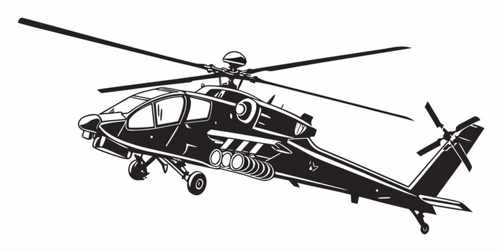 Black and white vector graphic of an attack helicopter in flight side view with helicopter military aircraft aviation illustration isolated transport technical silhouette monochrome tactical