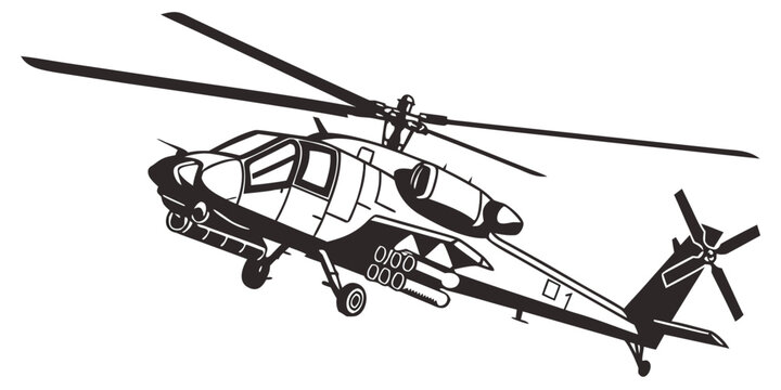 Stylized black and white vector art of an attack helicopter side view with helicopter military aircraft aviation illustration isolated transport technical silhouette monochrome propeller