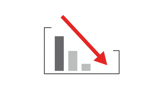 Declining Bar Chart with Red Downward Arrow Icon, Business Down Trend