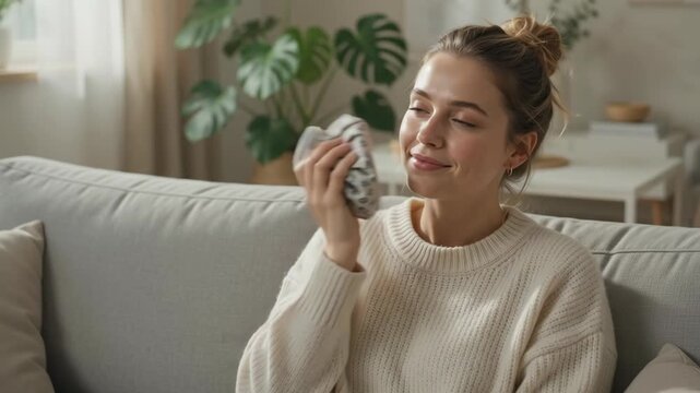 Young woman applying cold ice pack compress to her face and forehead at home