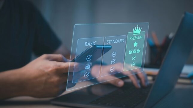 Subscription Pricing Plans Concept (Basic, Standard, and Premium Tier Comparison): Floating Teal Holographic Interface with Crown, Star, Checkmark, and Coin Icons above Blurred Smartphone and Laptop
