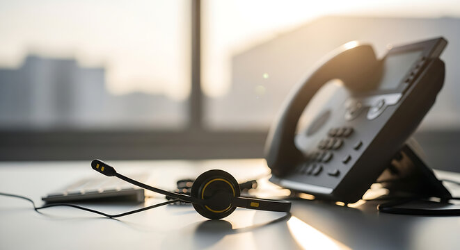 A modern office desk with a headset and IP phone illuminated by the warm glow of the setting sun.