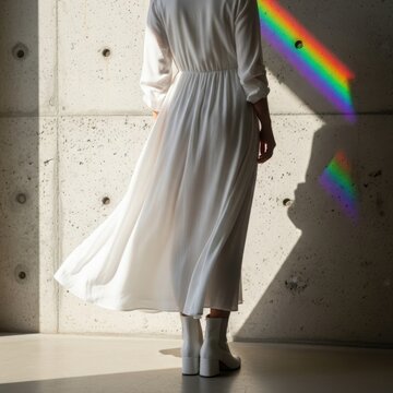 Ethereal rainbow shadow on white dress