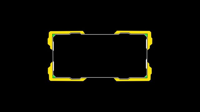 Futuristic yellow and green geometric frame overlay with white accents on black background, Futuristic yellow and green geometric frame highlights interface, White overlay enhances gaming .