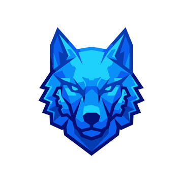Blue geometric low poly wolf head mascot logo design.