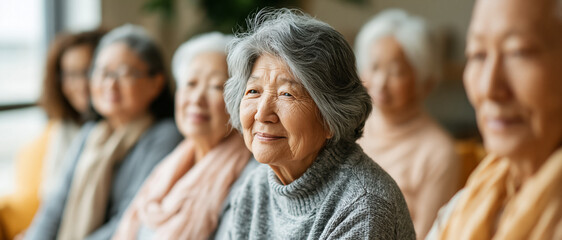 Obraz premium Senior asian woman group smiling listening indoor window portrait elderly social gathering friendship